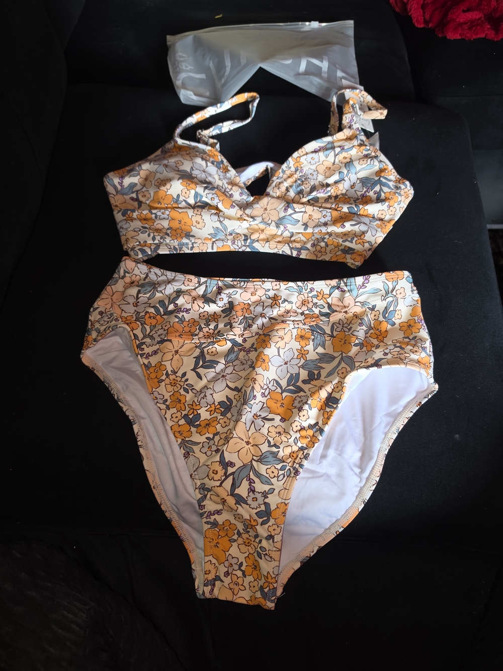 Cupshe Floral High-Waist Bikini Set in Orange and Cream